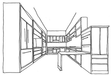 设计师的厨房透视图设计手稿。（Bosch Home Appliances提供）